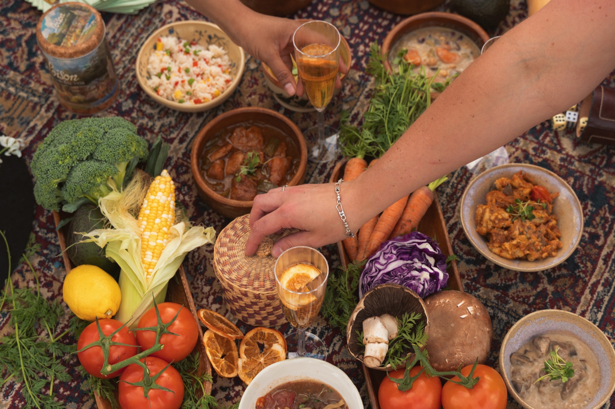 Full picnic meal spread